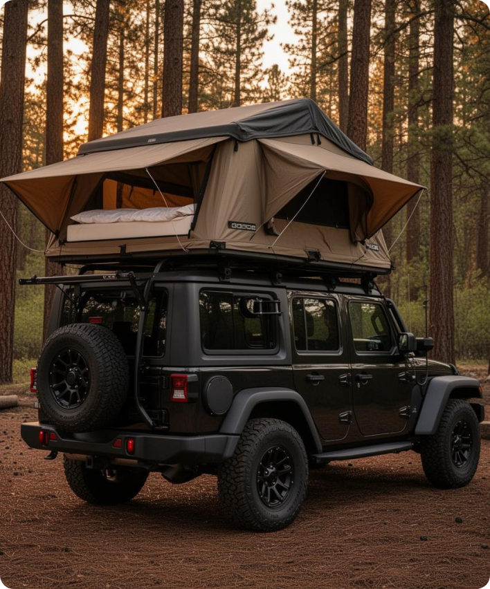 Overland vehicle with rooftop tent